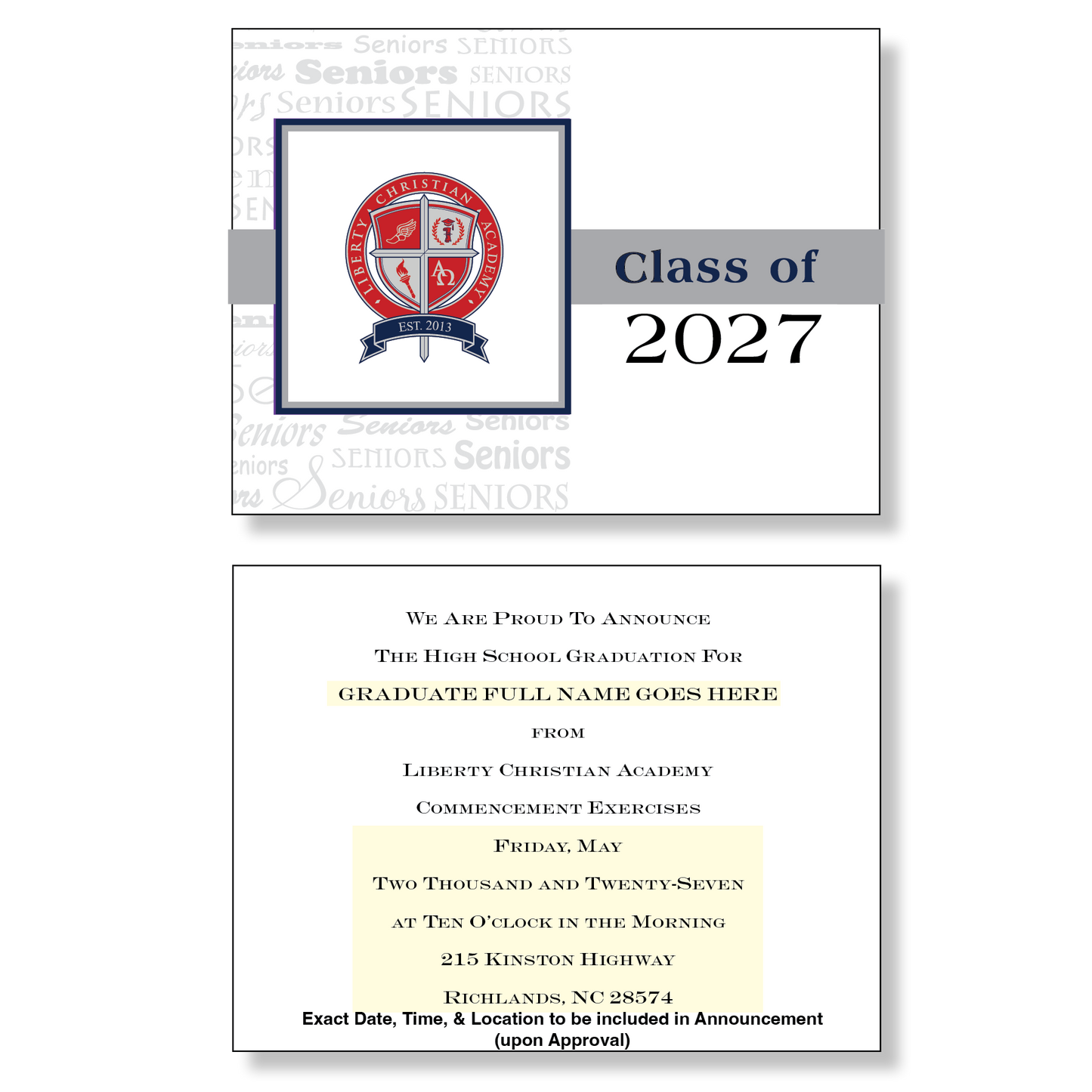 Liberty Christian Academy Package of 10 Announcements