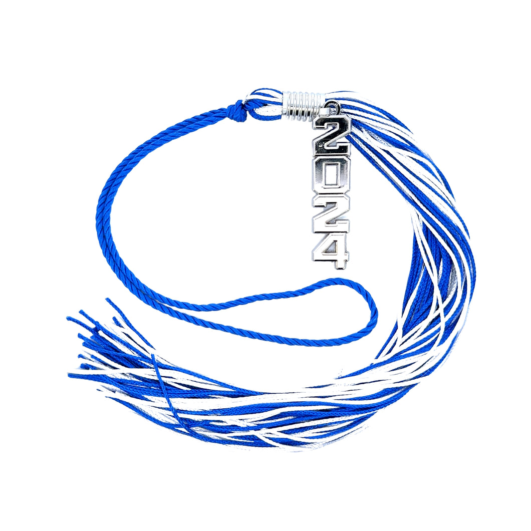 Stacked Souvenir Tassel - Blue and White - Silver Drop Date