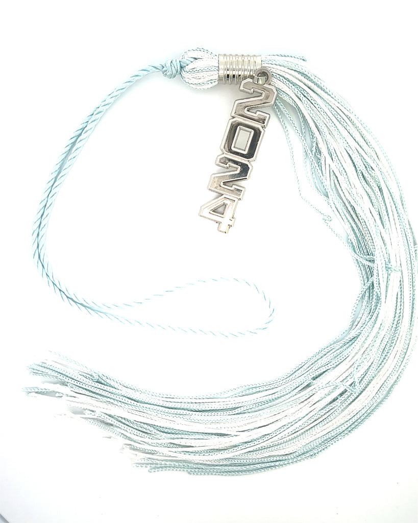 Stacked Silver Souvenir Tassel - Columbia Blue and White