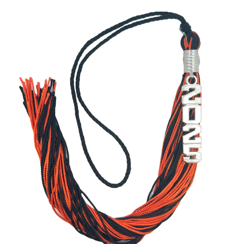 Stacked Souvenir Tassel - Black and Orange - Silver Drop Date