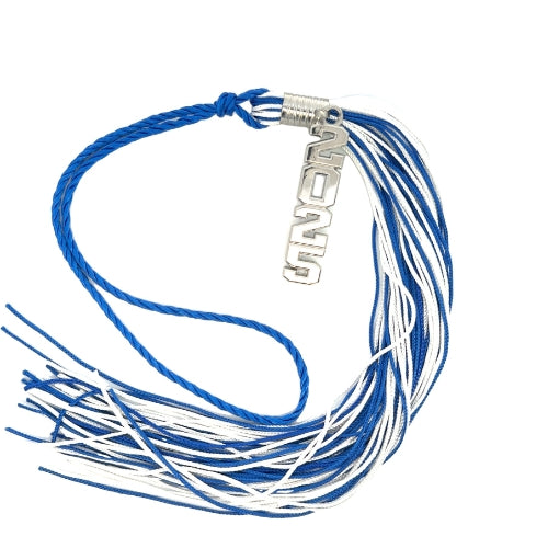 Stacked Souvenir Tassel - Blue and White - Silver Drop Date