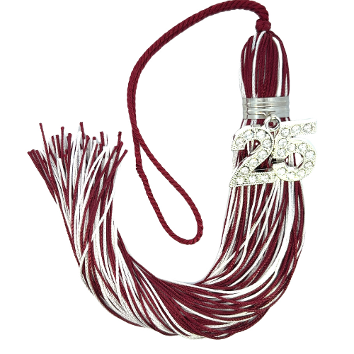 Jumbo Silver Bling Tassel - Maroon and White