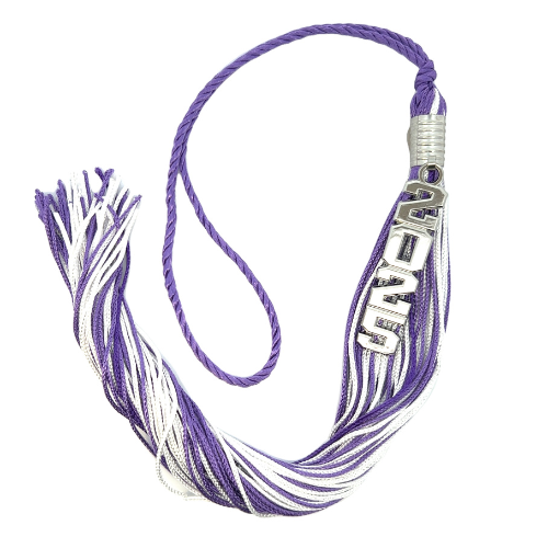 Stacked Souvenir Tassel - Purple and White - Silver Drop Date