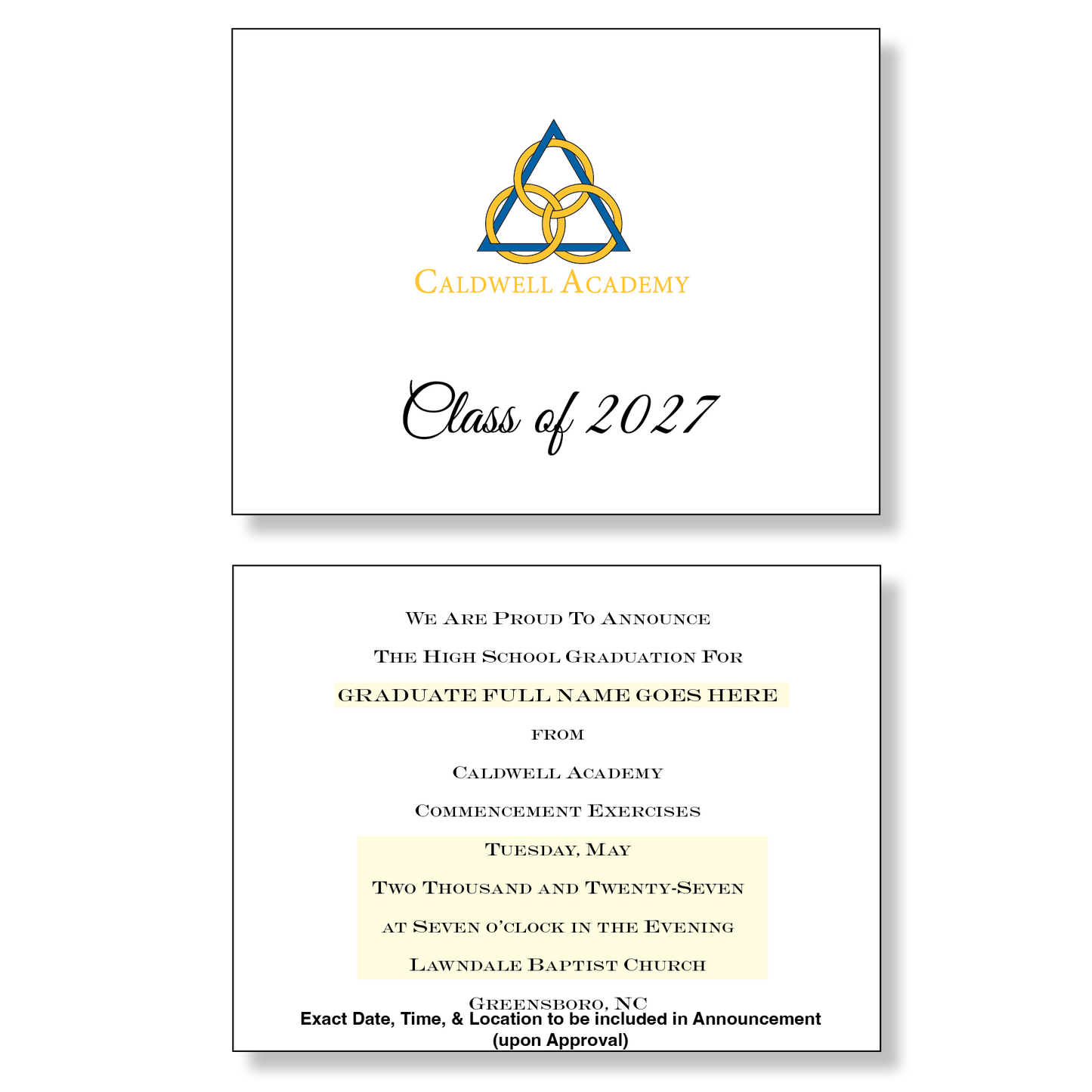 Caldwell Academy Package of 10 Announcements