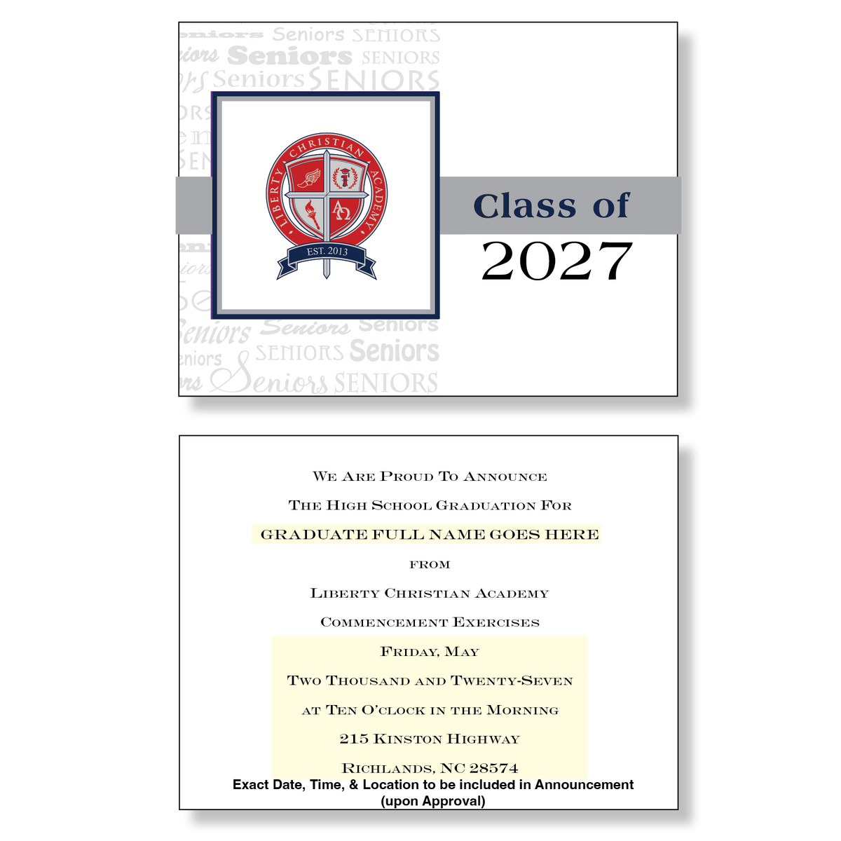 Liberty Christian Academy Package of 10 Announcements